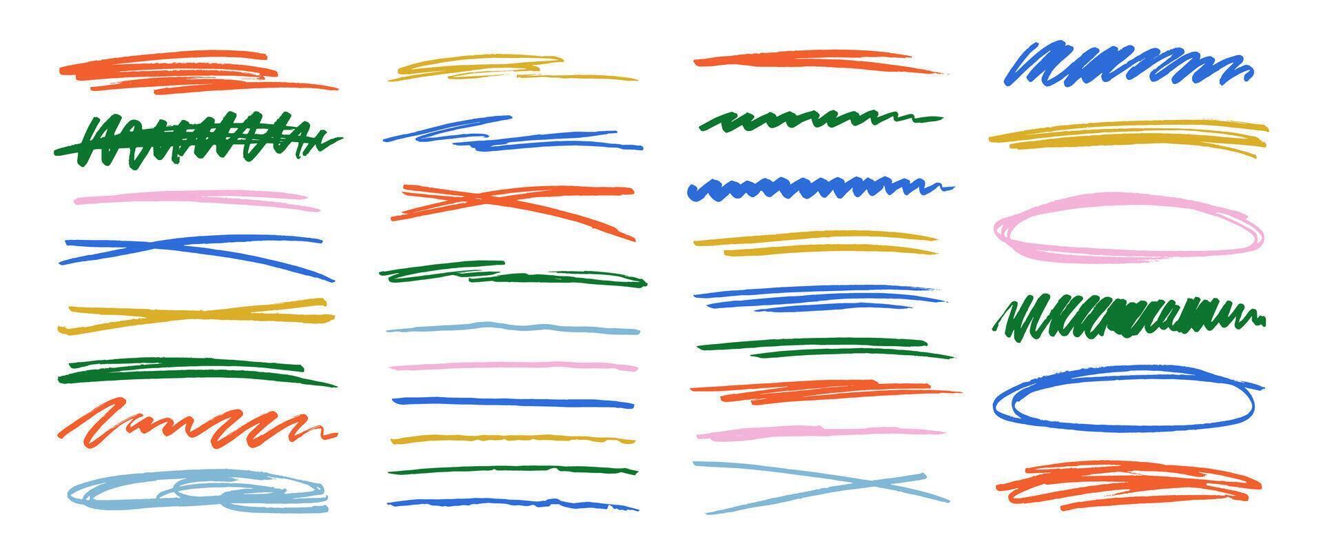 Marker lines for underline and highlight. Black brush freehand stroke, cross and oval collection. Color illustration on a white background. vector