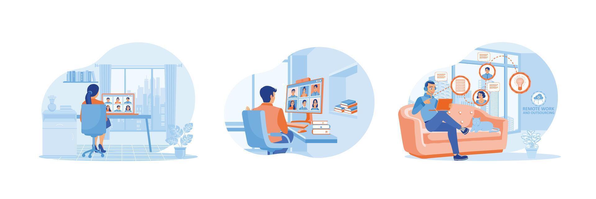 Three scenes depicting remote work with technology in modern workspace settings. vector