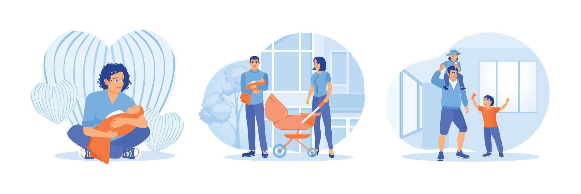 Parenting moments with children expressing family love and bonding illustrations. vector