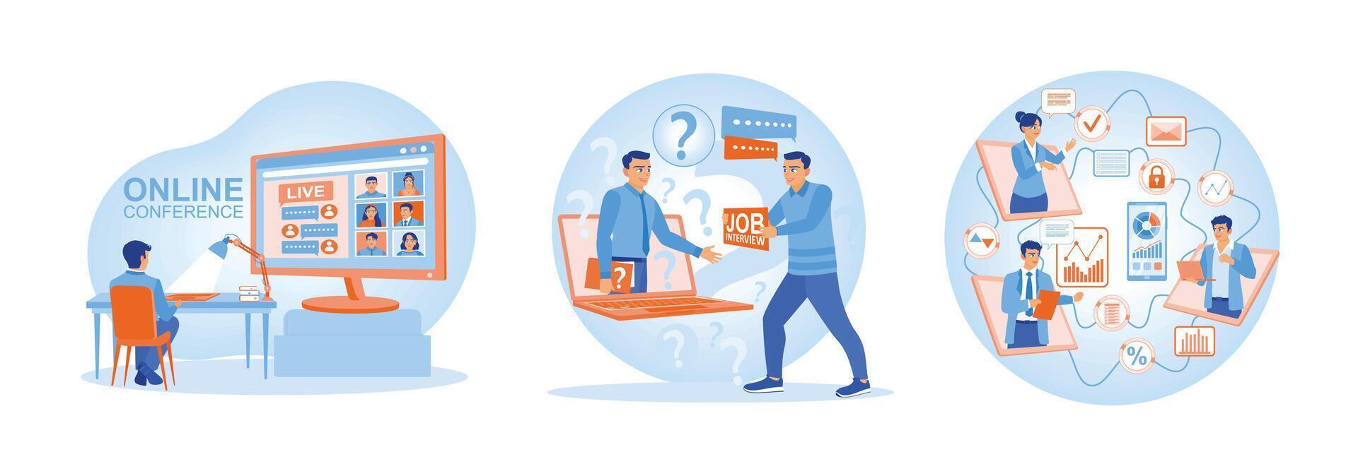 Illustration depicting online conferences, job interviews, and global collaboration. vector