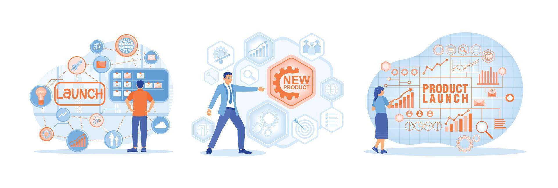 Illustration depicting business concepts for product launch and marketing strategies. vector