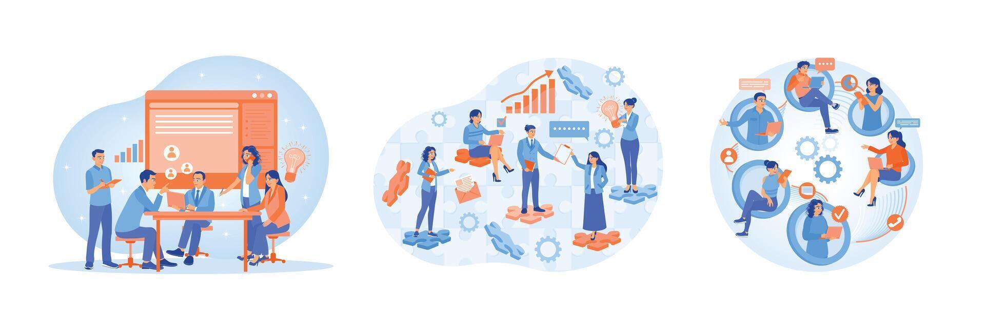 Collaborative Workspace Illustrations Featuring Teamwork and Idea Sharing Elements vector
