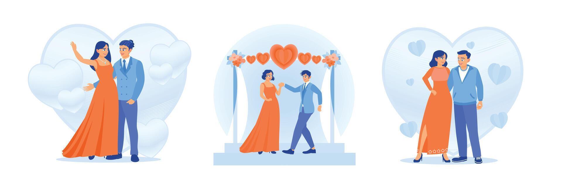 Romantic couple posing against heart-shaped background illustrations in blue tones. vector