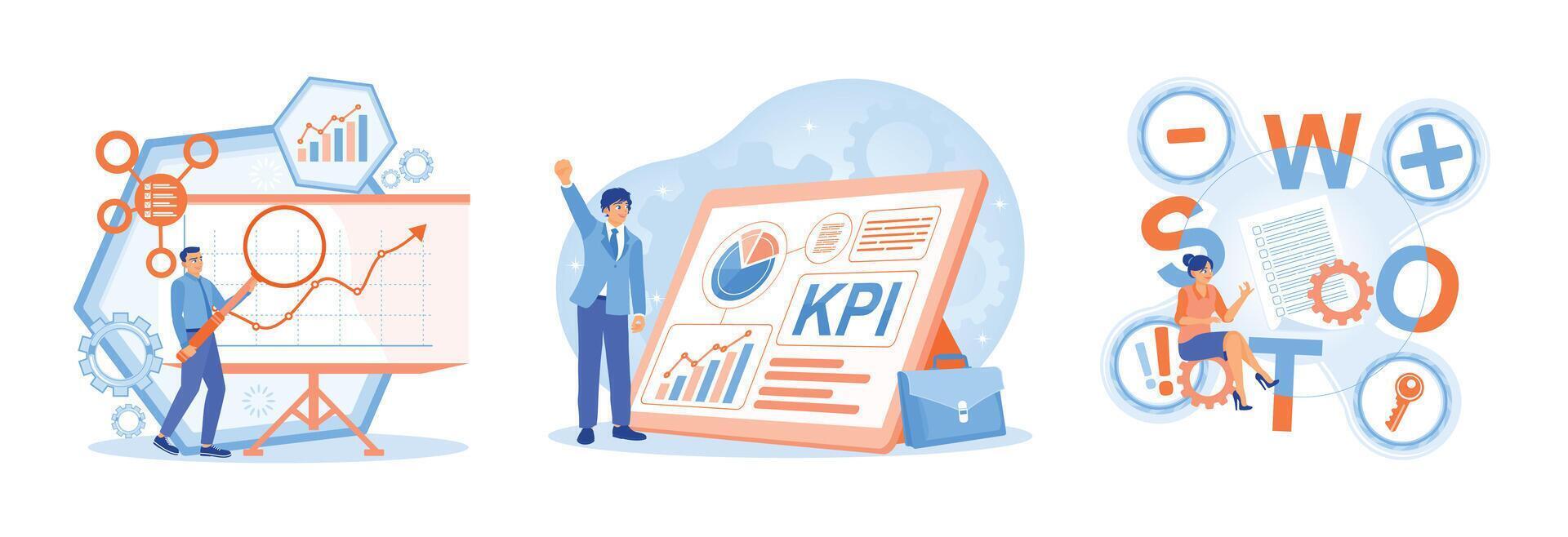 Illustrated analysis concepts featuring KPI, graphs, and strategic visualizations. vector