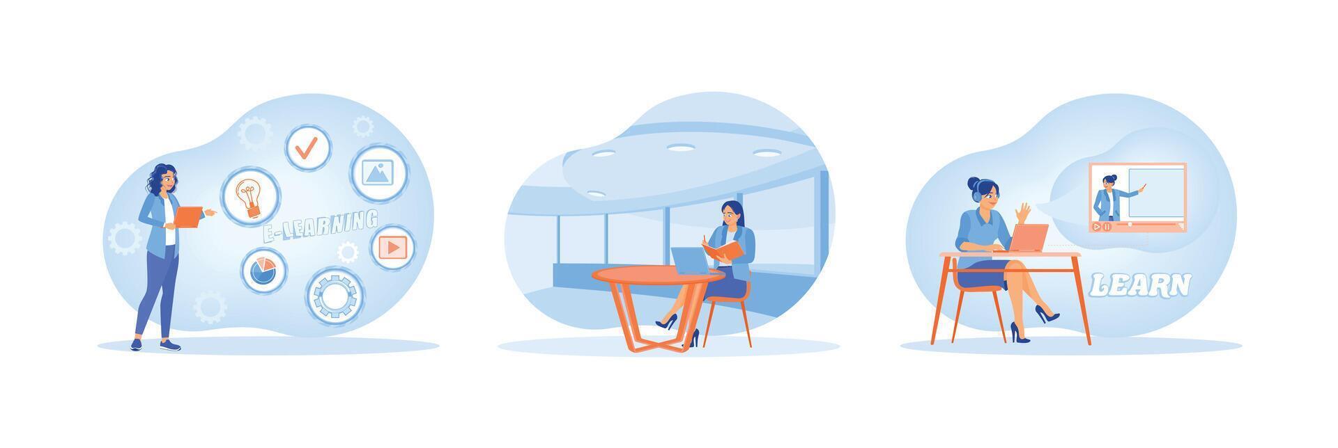 Illustration of learning activities including e-learning, reading, and online classes. vector