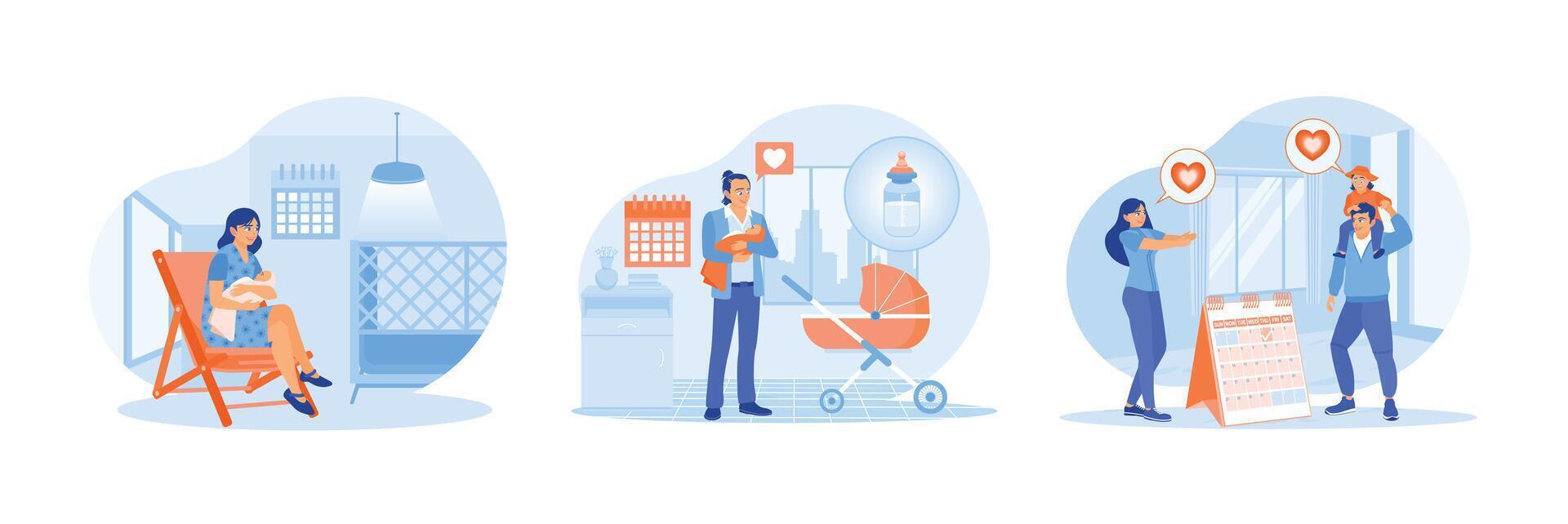 Scenes depicting family life with parenting themes in a modern style. vector