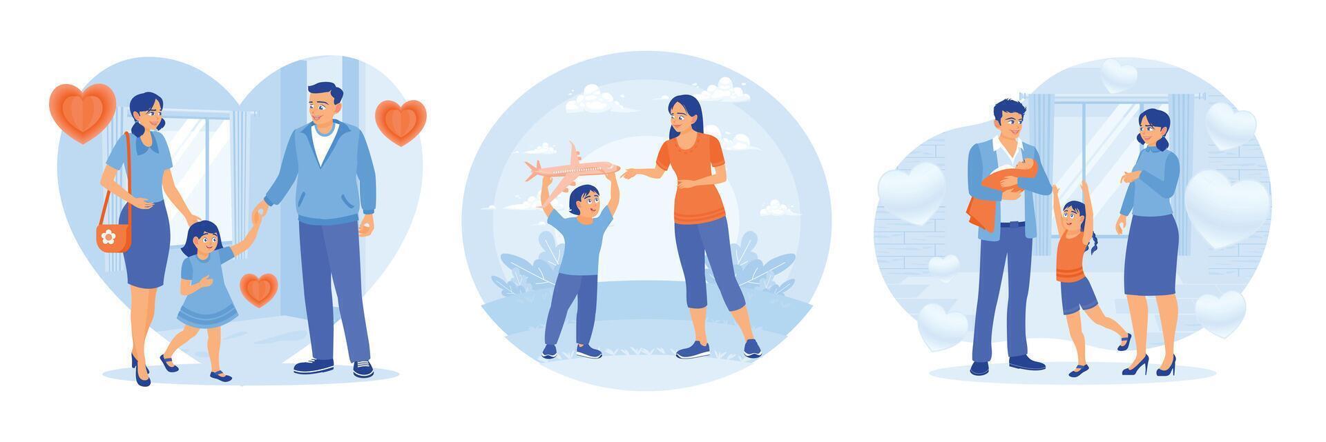 Happy family moments depicted in warm loving parent-child interactions. vector