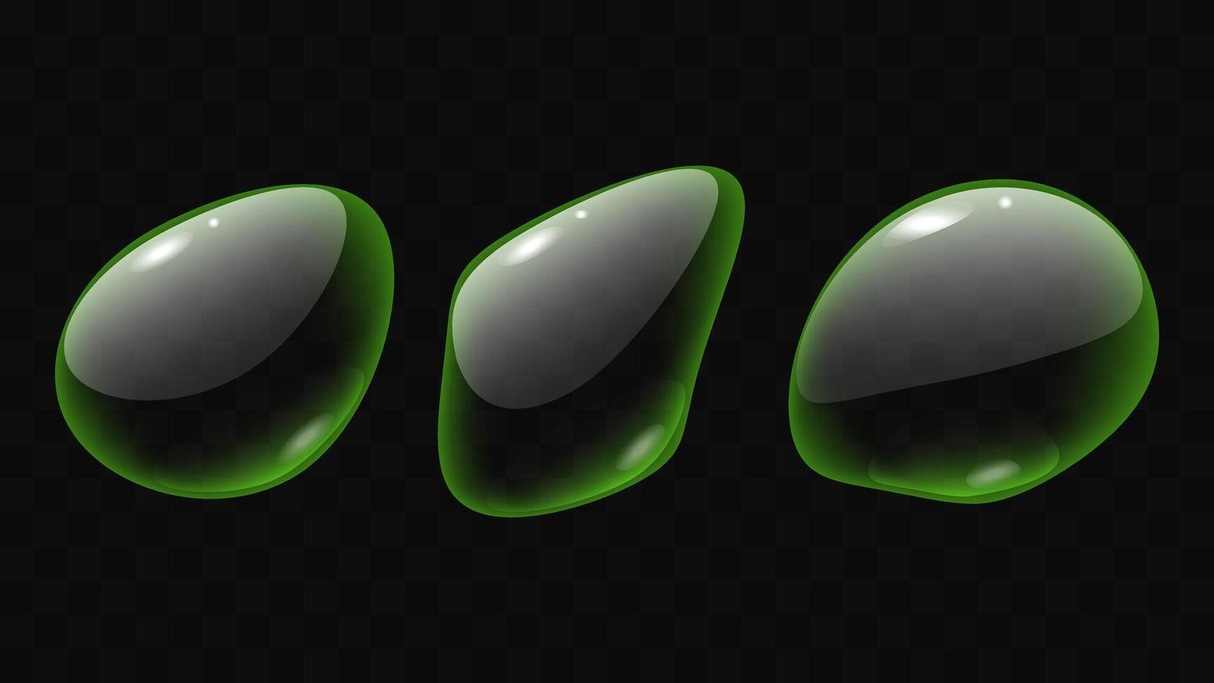 Transparent liquid forms water drops isolated set. Shape refracts light. Realistic volumetric drops Green color. Banner and flyer design. illustration. vector