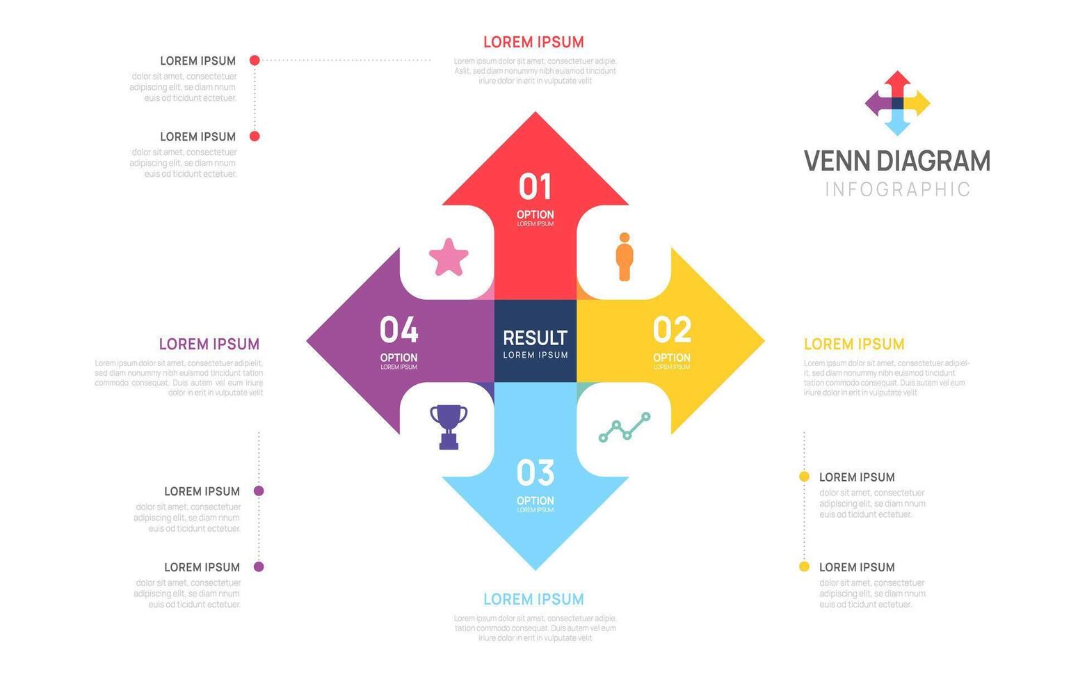 Infographic arrow Venn diagram chart template for business start up presentation with venn diagram elements illustration. vector
