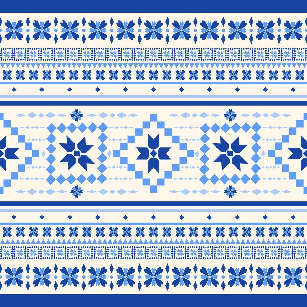 Blue Folk Art Traditional Embroidery with Geometric Flower Seamless Pattern Light and Dark Blue on Beige Pattern. Handmade Ethic illustration for Apparel, Fabric, weaves, Rug, Carpet, Wrapping vector