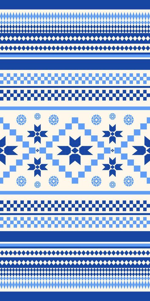 Blue Embroidery Detailed Illustration for Textile Print Design. Seamless Pattern. Blue and White Flower, Tribal Snowflake, Winter, Christmas, Carpet, Rug, Beanie Hat, scarf, weaves. vector