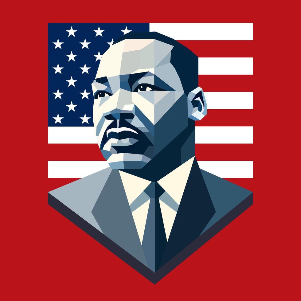 Geometric illustration of Martin Luther King Jr. with the American flag in the background. Perfect for Martin Luther King Jr. Day themes, celebrating civil rights, equality, and freedom. vector