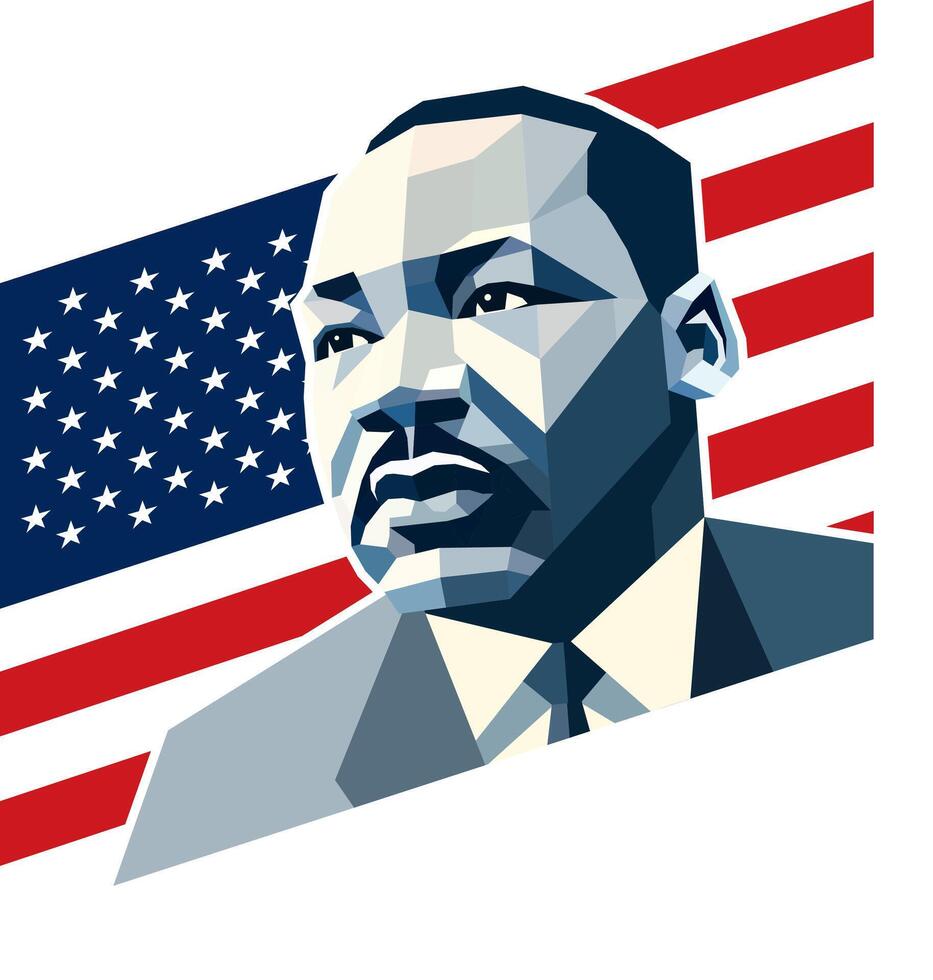 Geometric illustration of Martin Luther King Jr. with the American flag in the background. Perfect for Martin Luther King Jr. themes, celebrating civil rights, equality, and freedom. vector
