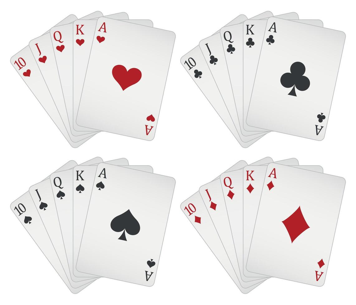 Playing cards - a poker hand consisting of a royal flush clubs spades hearts diamonds 10 J Q K A, illustration isolated on white background vector