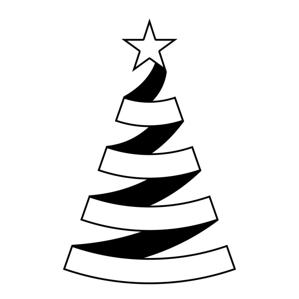 Christmas tree spiral ribbon decoration, black and white stylized illustration of a decorated Christmas tree in the form of ribbon and star, isolated on white background vector