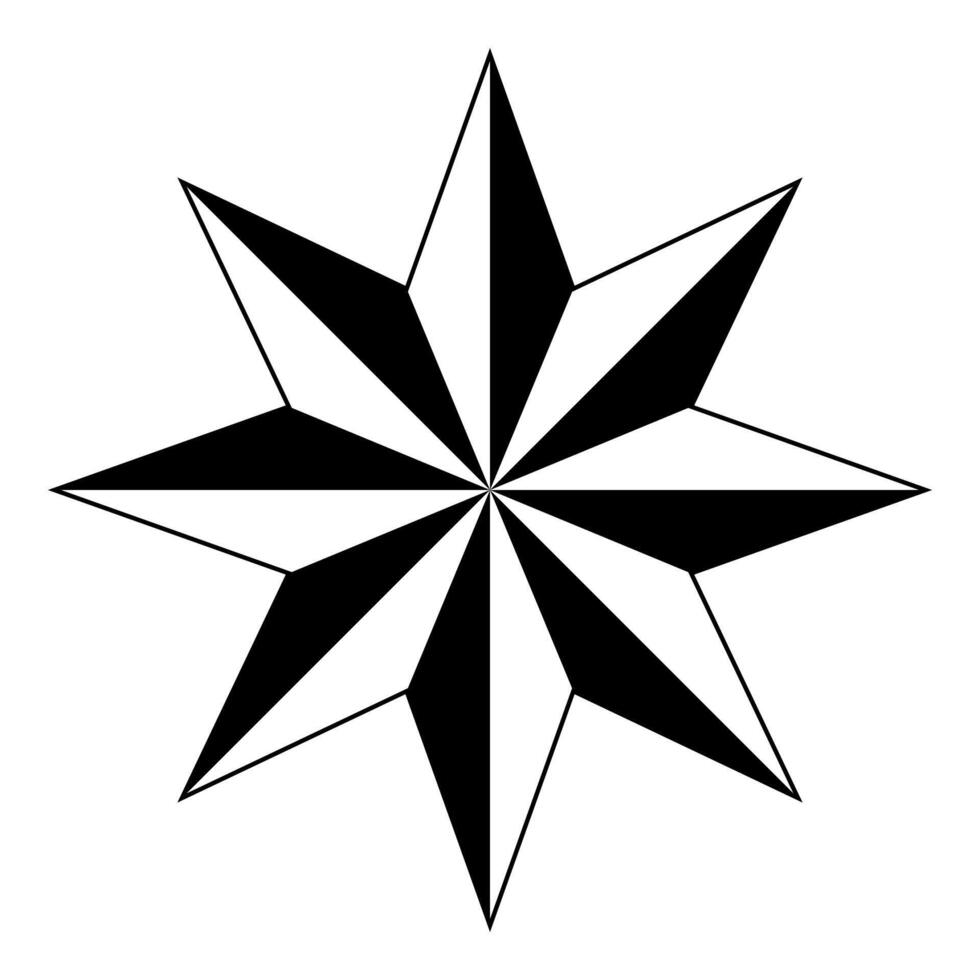 star shape symbol, black and white illustration of eight pointed star isolated on white background vector