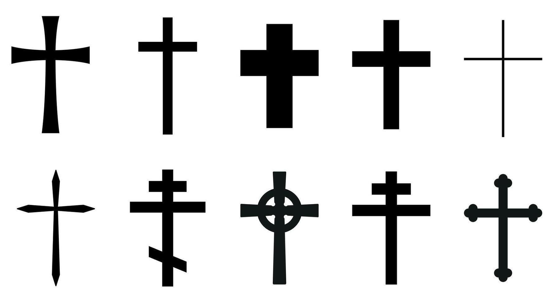 Christian cross, black and white silhouette illustration of religious cross shape, isolated on white background, icon set vector
