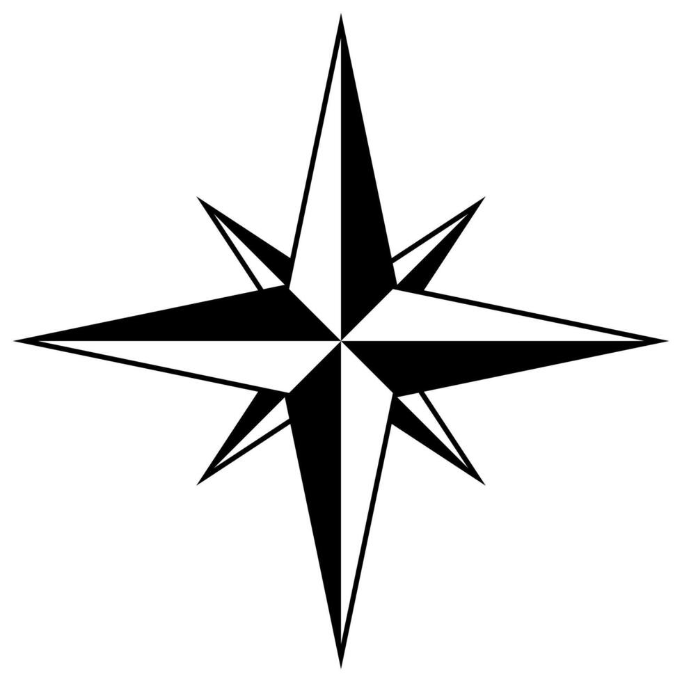 Compass rose symbol, black and white star shape illustration of four cardinal directions, white background vector