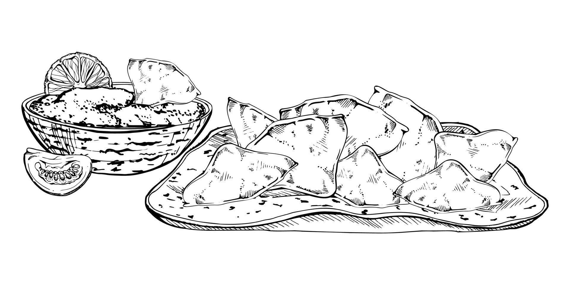Mexican food guacamole salsa sauce, tomato lemon lime citrus, nacho corn chips on ceramic plate. Hand drawn ink isolated illustration. Design travel brochure, restaurant bar menu, recipe book vector