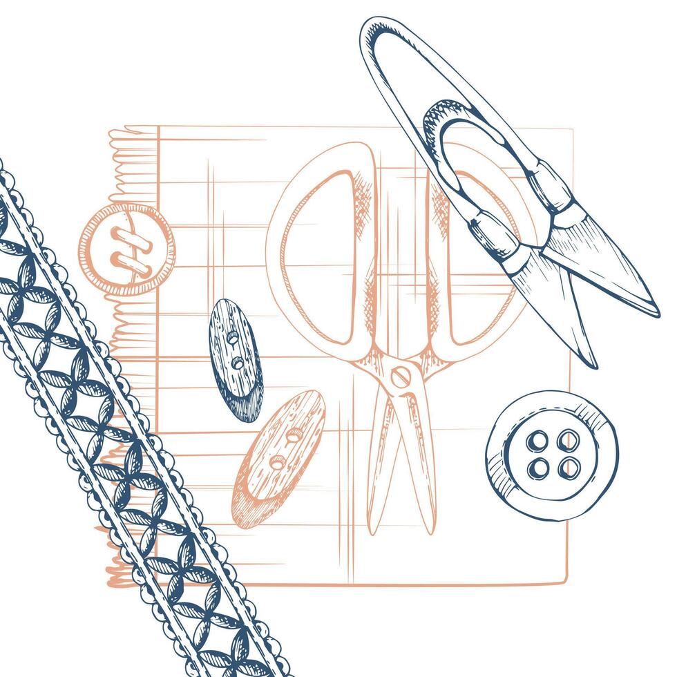Natural fabric piece with buttons, scissors, ribbon. Sewing craft embroidery supplies. Hand drawn ink illustration. Composition isolated on white background. Design atelier, tailor, hobby shop vector