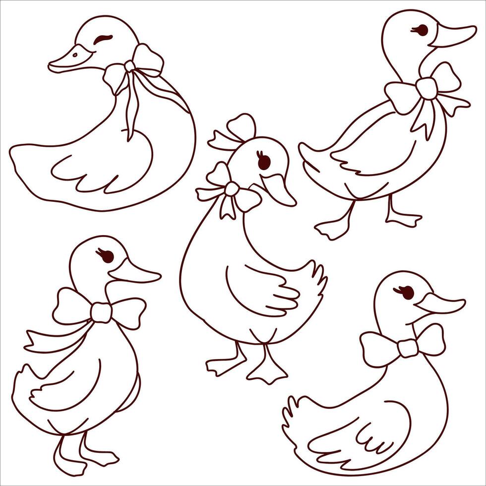 Adorable Bow-Wearing Ducks Coloring Page vector