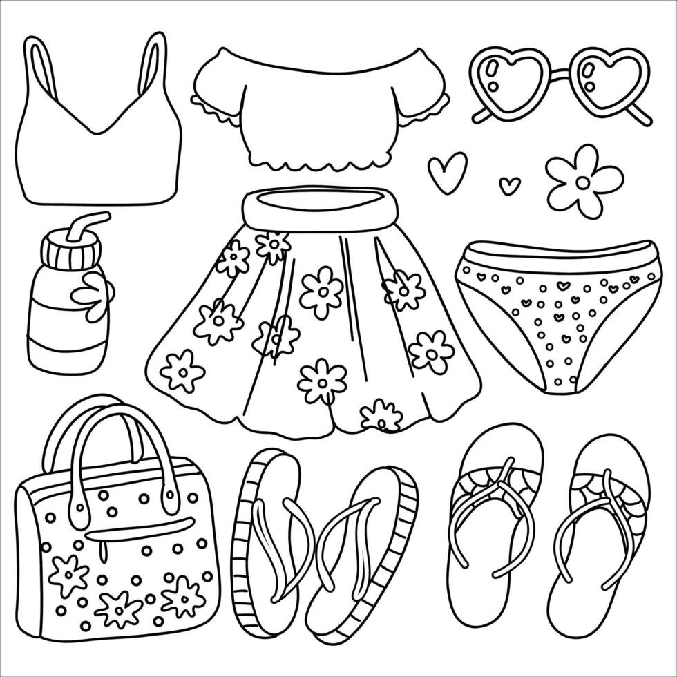 Summer Wardrobe and Accessories Outline vector