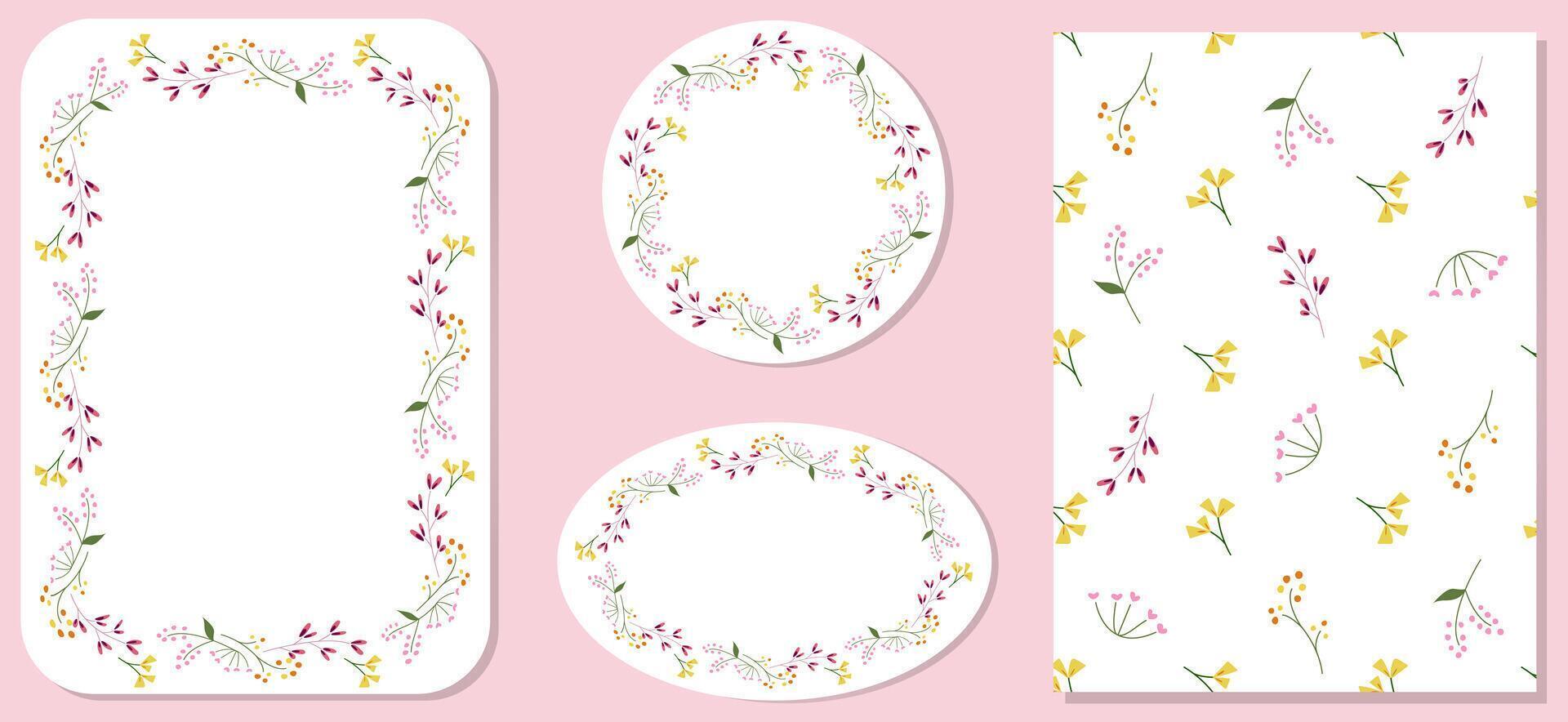 Bright floral artistic frames, and seamless pattern. For wedding invitation, birthday and Mothers Day cards, wallpaper, cover, tag, flyer, poster, banner, brochure, menu, email header, and events. vector