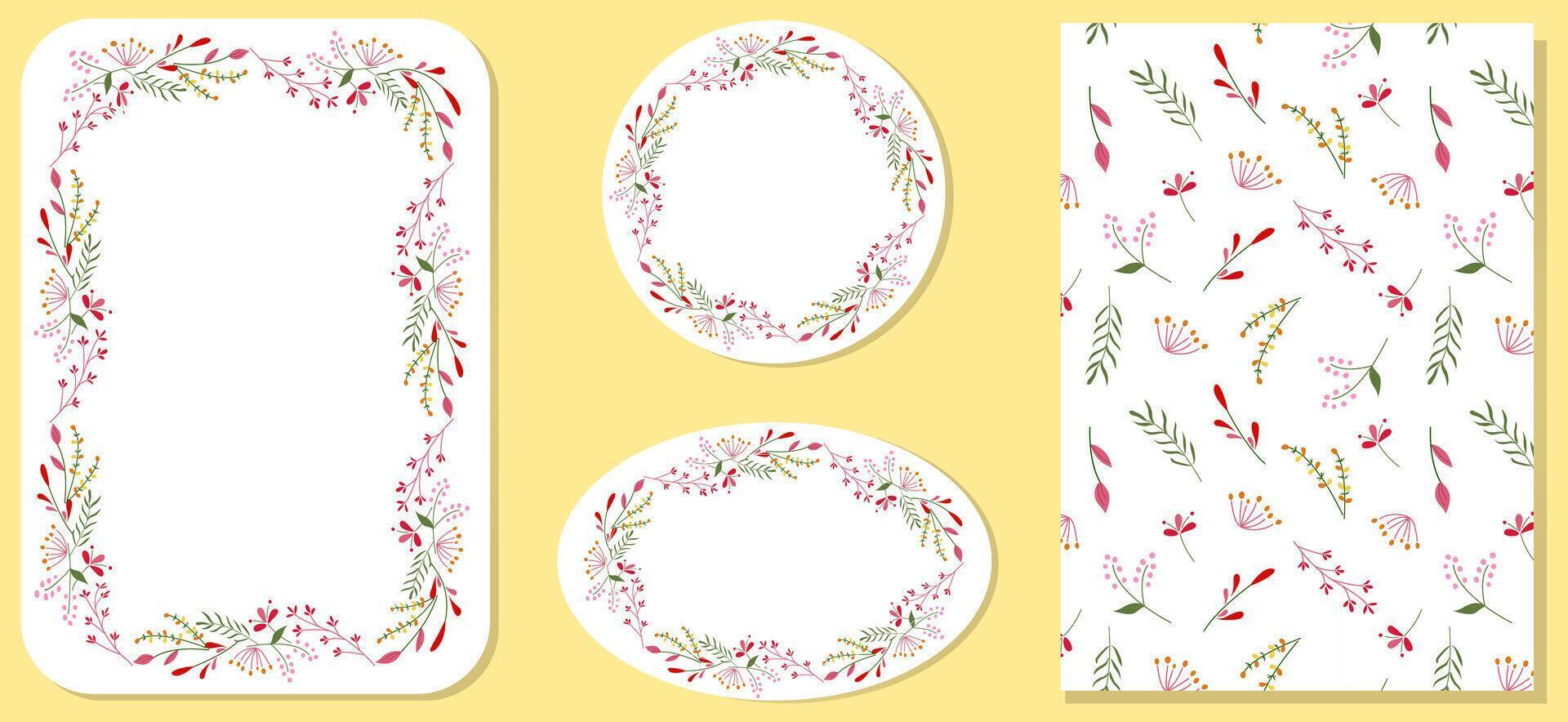 Elegant floral frames and seamless pattern. Cards with place for text. For wedding invitation, birthday, Mother's Day card, tag, labels, flyer, poster, wallpaper, background, cover, menu, and events. vector