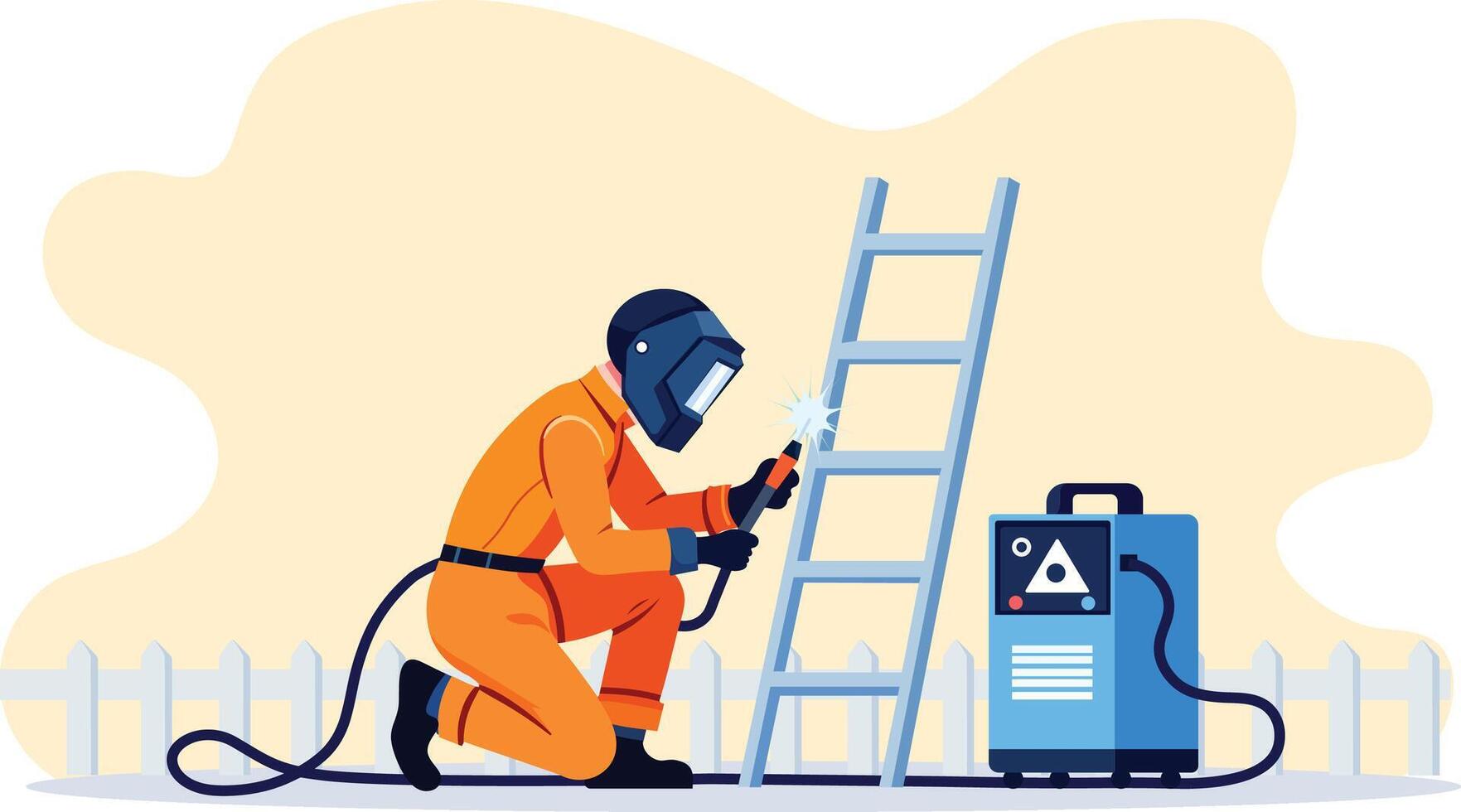 A welder in orange suit works on ladder, showcasing skill and precision vector