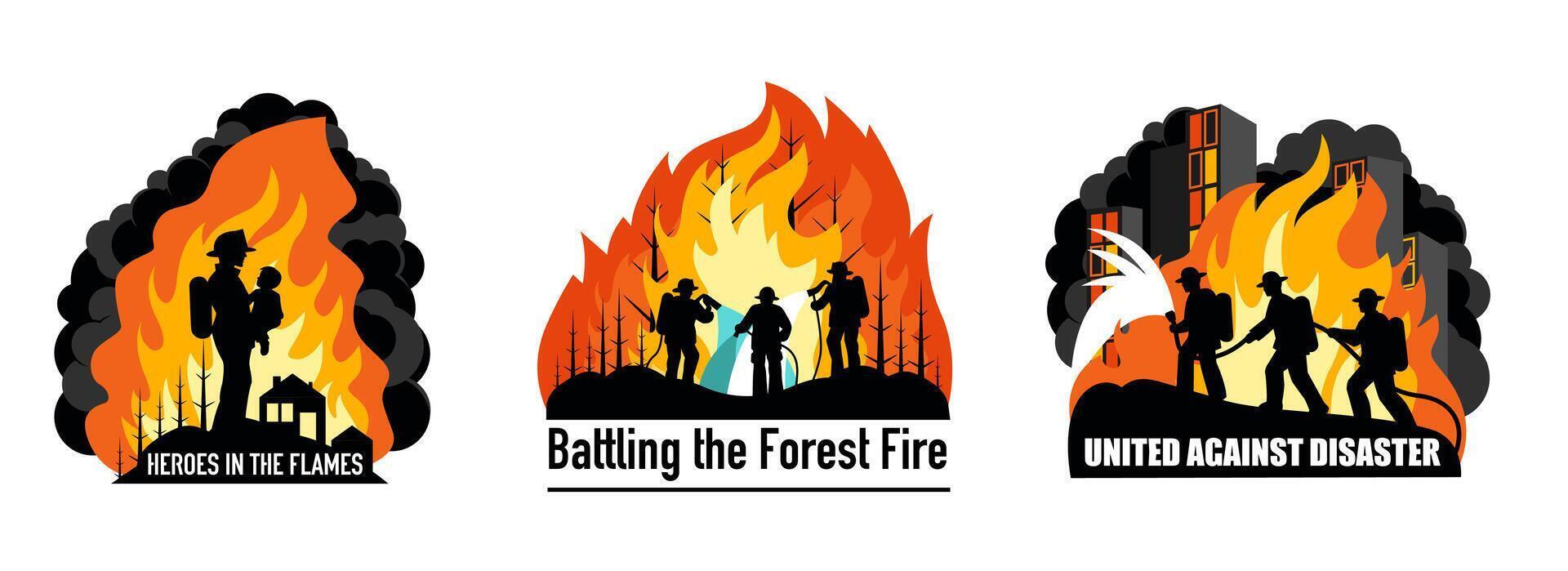 Three Conceptual Silhouette Illustrations Featuring Firefighters in Action with Text for Posters vector