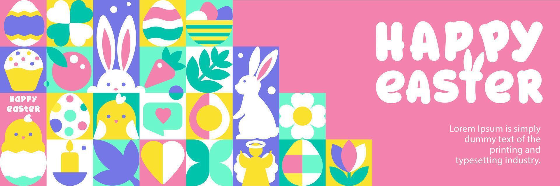 The Happy Easter banner template with Seamless Pattern, Bauhaus Geometric Icons and Text, hero image vector