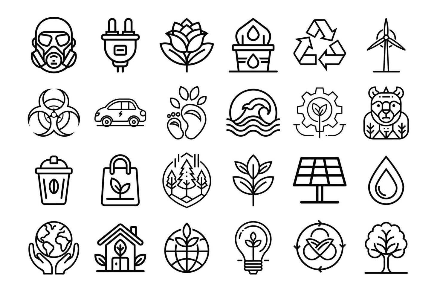 Elegant Line Art Icons Representing Clean Energy, Recycling, Ecology, and Sustainable Environmental Practices vector