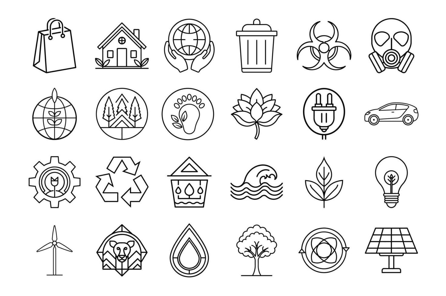Stylish Line Art Environmental Icons for Promoting Sustainability, Clean Energy, and Eco-Conscious Practices vector