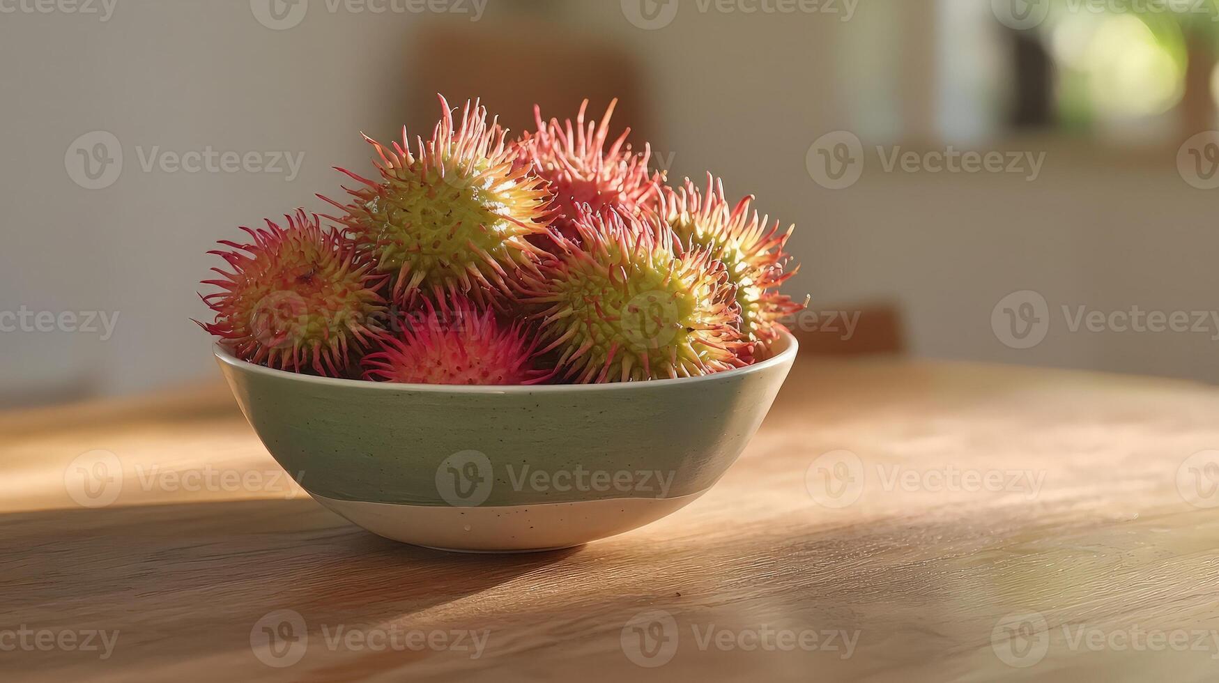 Bowl of rambutans on a wooden table, illuminated by sunlight. photo