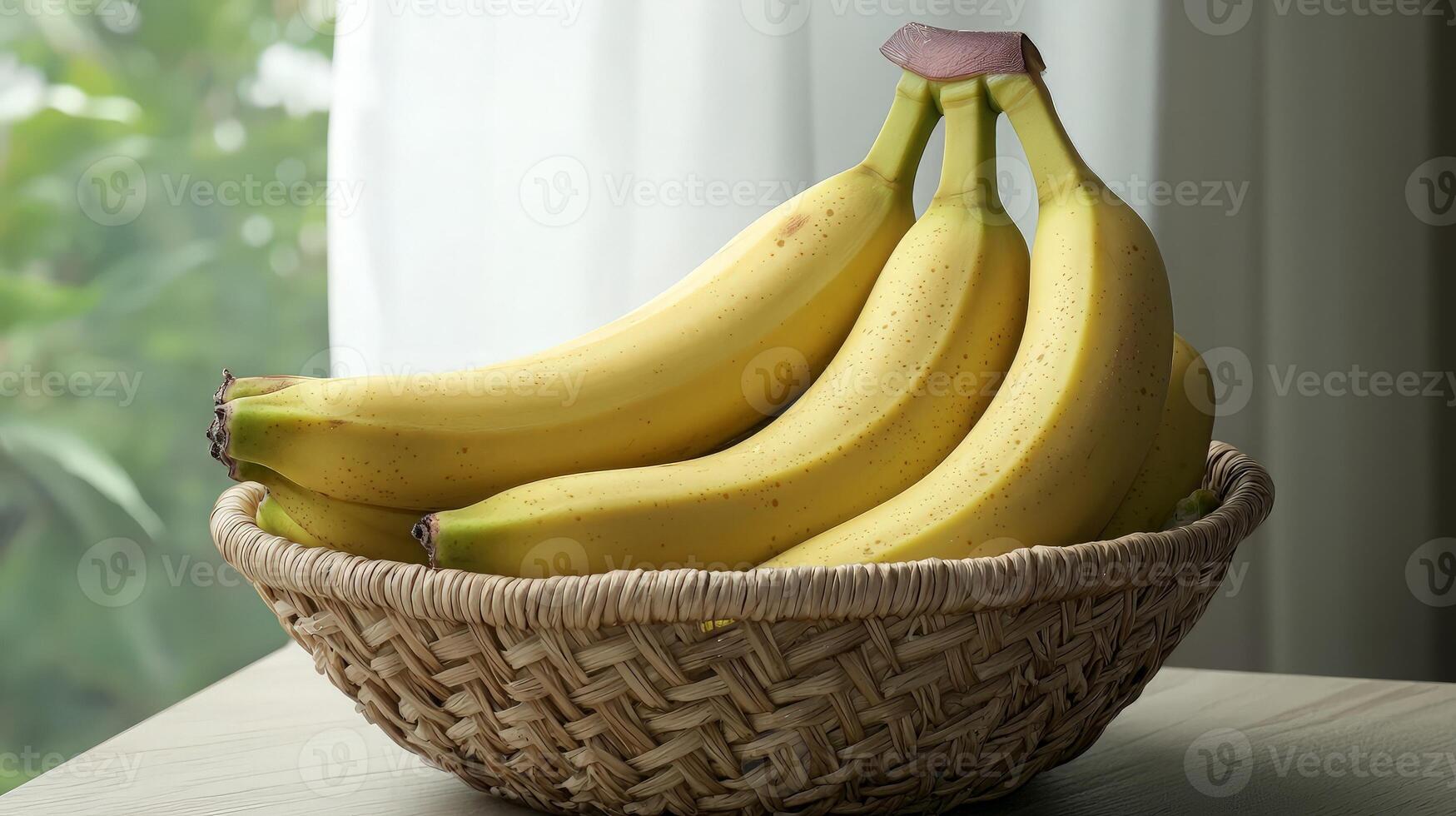 Ripe yellow bananas in a wicker basket on a table near a window. photo