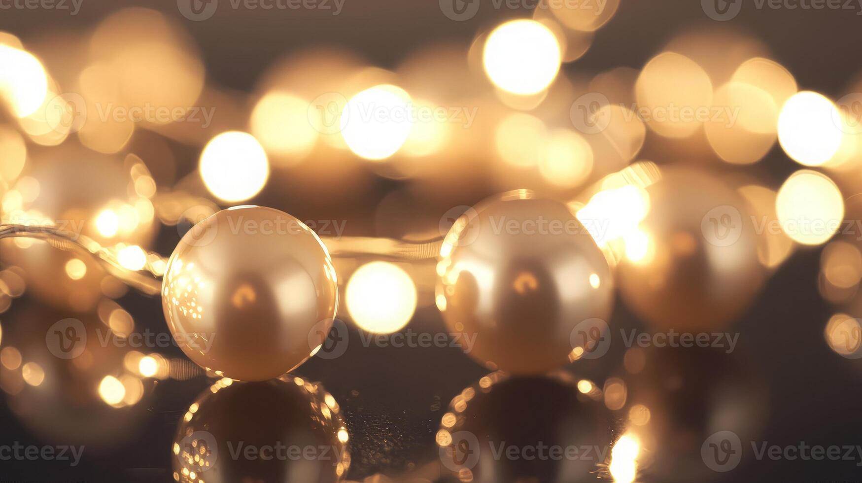 Sparkling pearls illuminated by warm, soft lights reflected on dark surface. photo