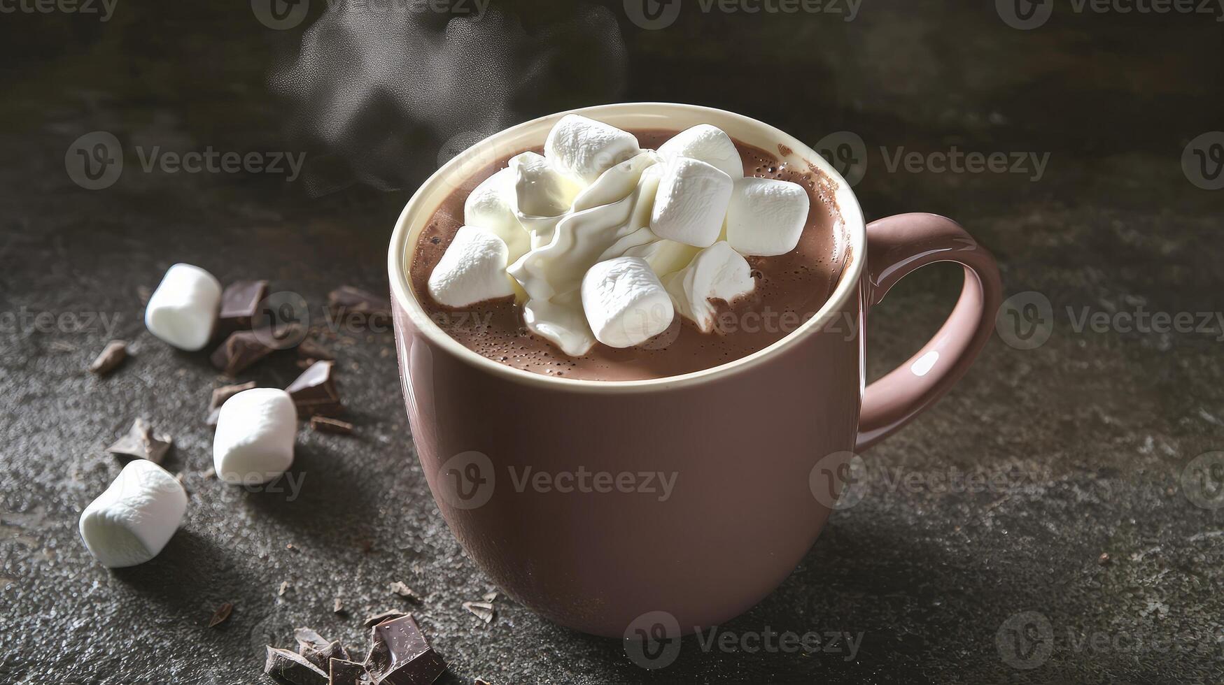 Steaming mug of hot chocolate topped with marshmallows and whipped cream. photo