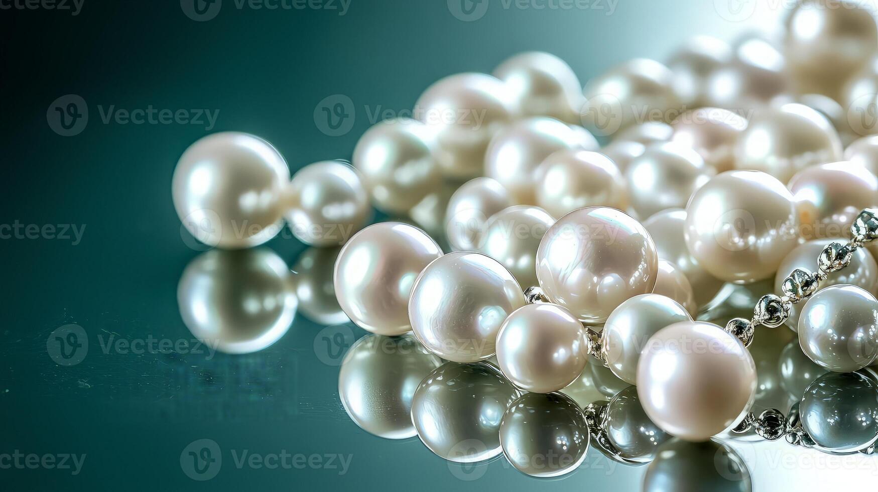 Close-up of lustrous white pearls scattered on a reflective surface. photo