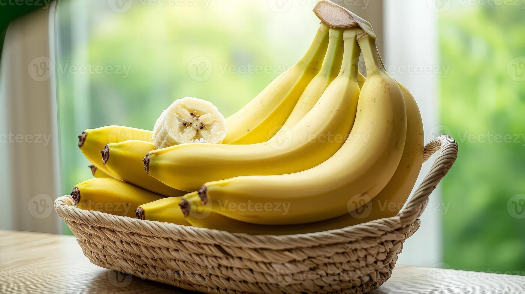 Ripe yellow bananas in a wicker basket on a wooden table. photo