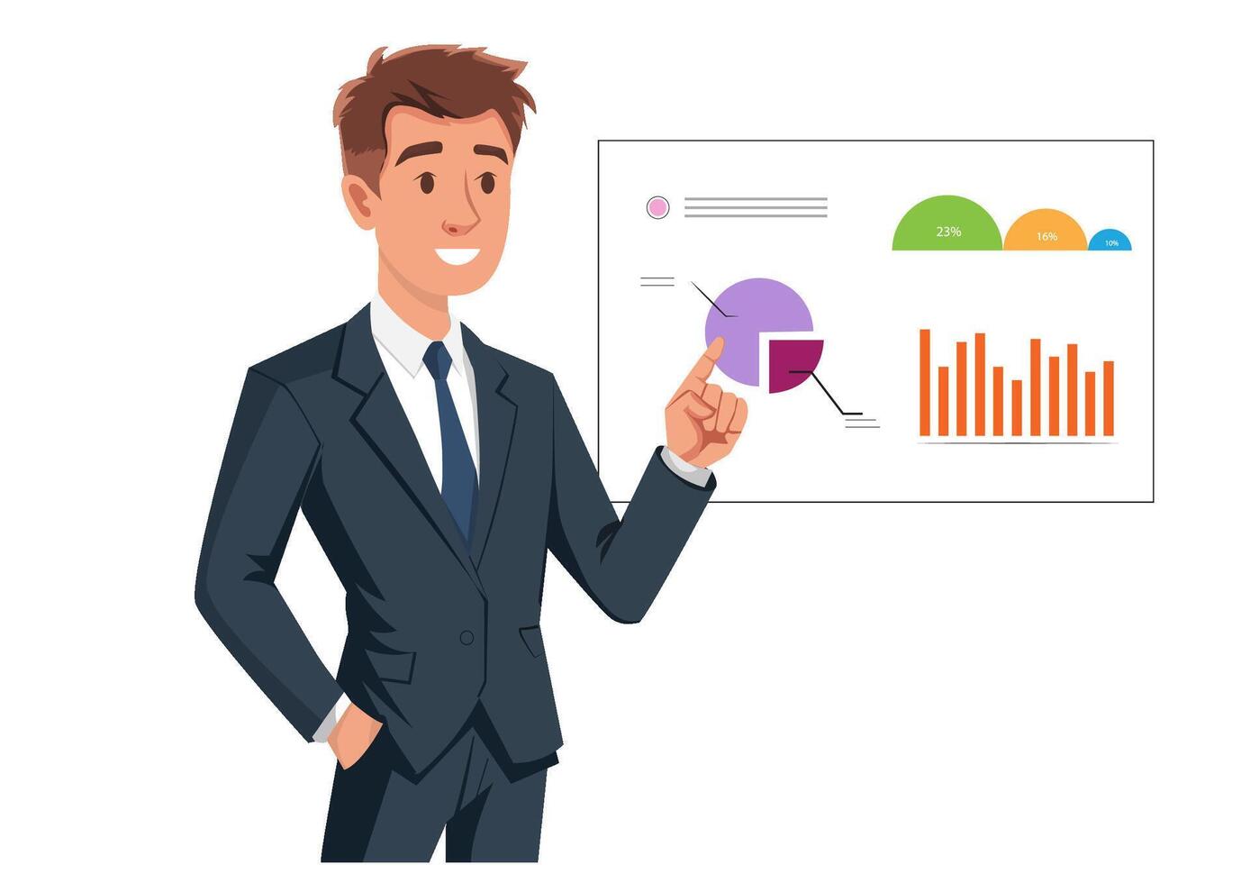 Illustration of a male office worker making a gesture with his hand pointing to the side. vector