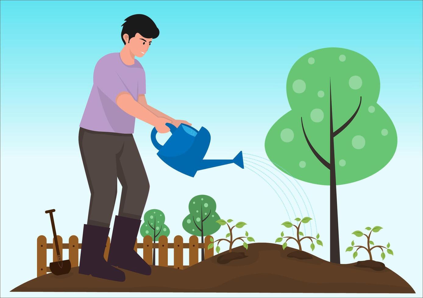 Illustration of a young man standing in the garden watering plants that he just planted again vector