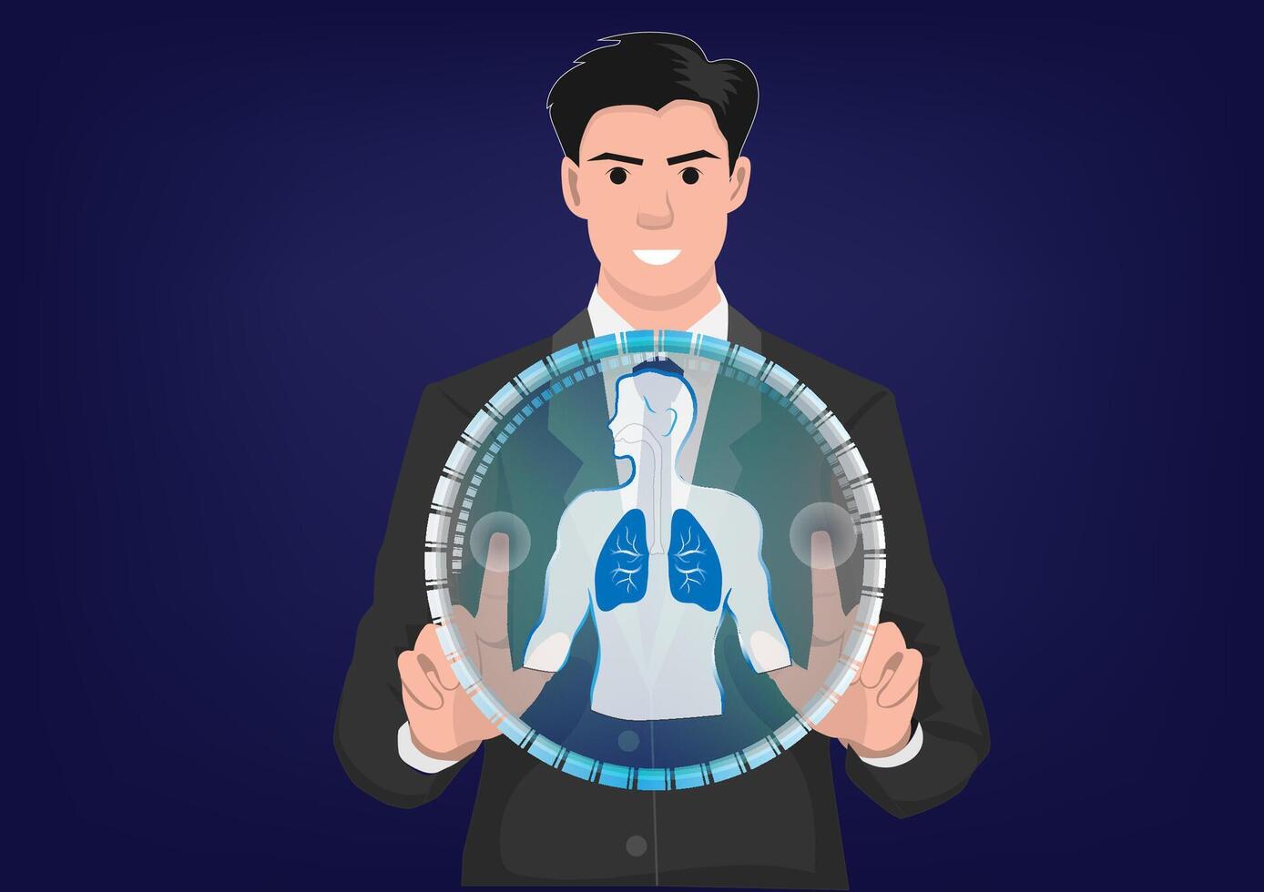 Illustration of a young businessman checking the condition of his lungs Using virtual artificial intelligence technology vector