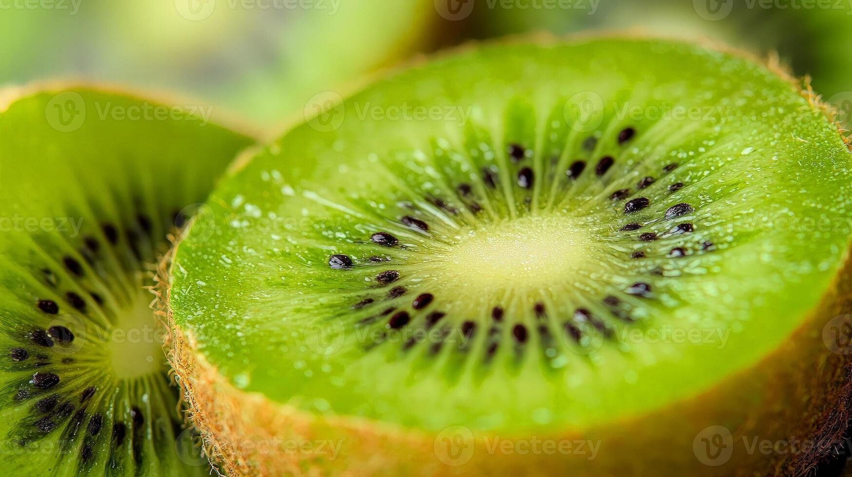 Close-up of juicy kiwi fruit slices, showing vibrant green flesh and tiny black seeds. photo