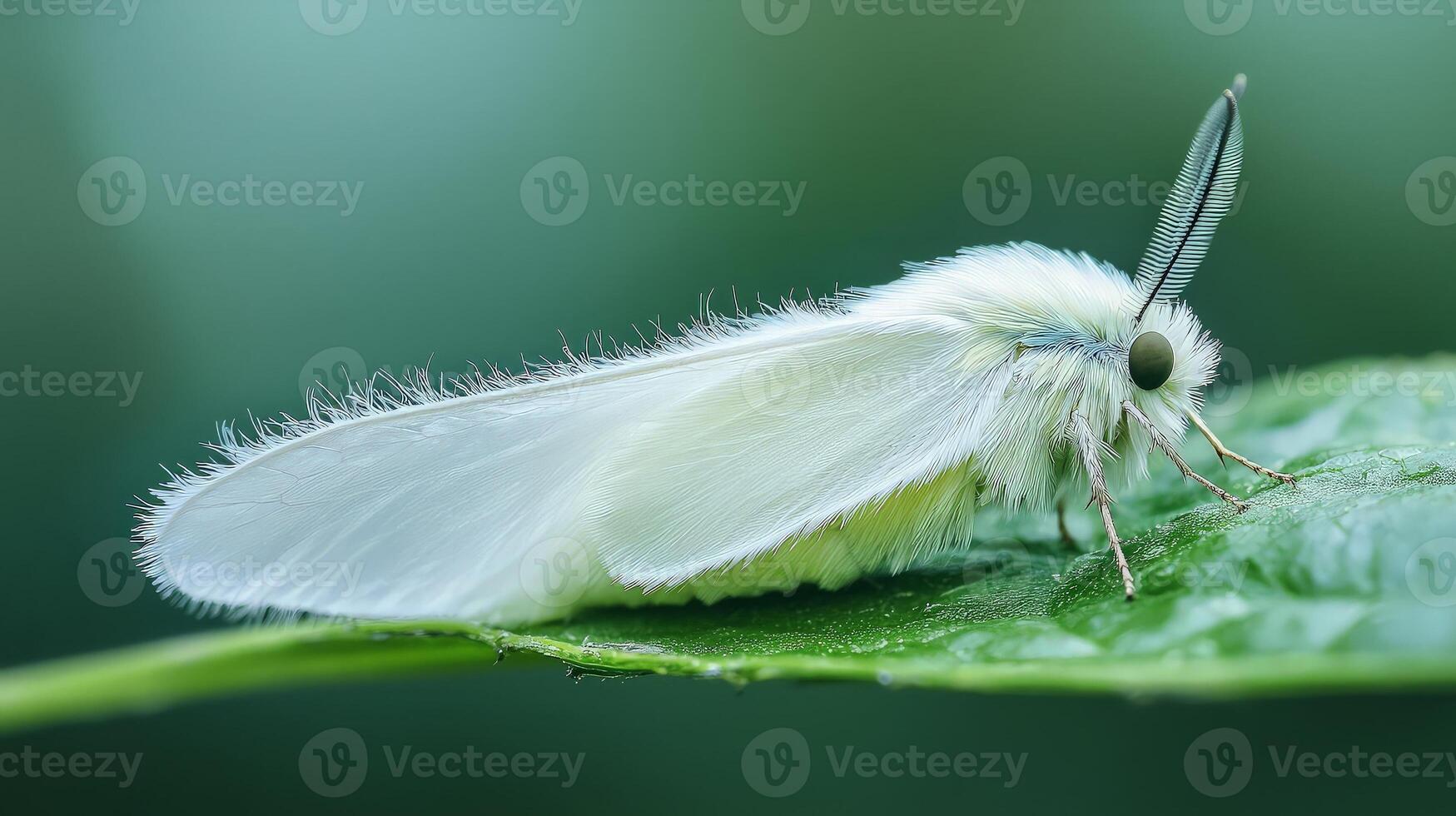 Close-up of a white fluffy moth resting on a green leaf. photo