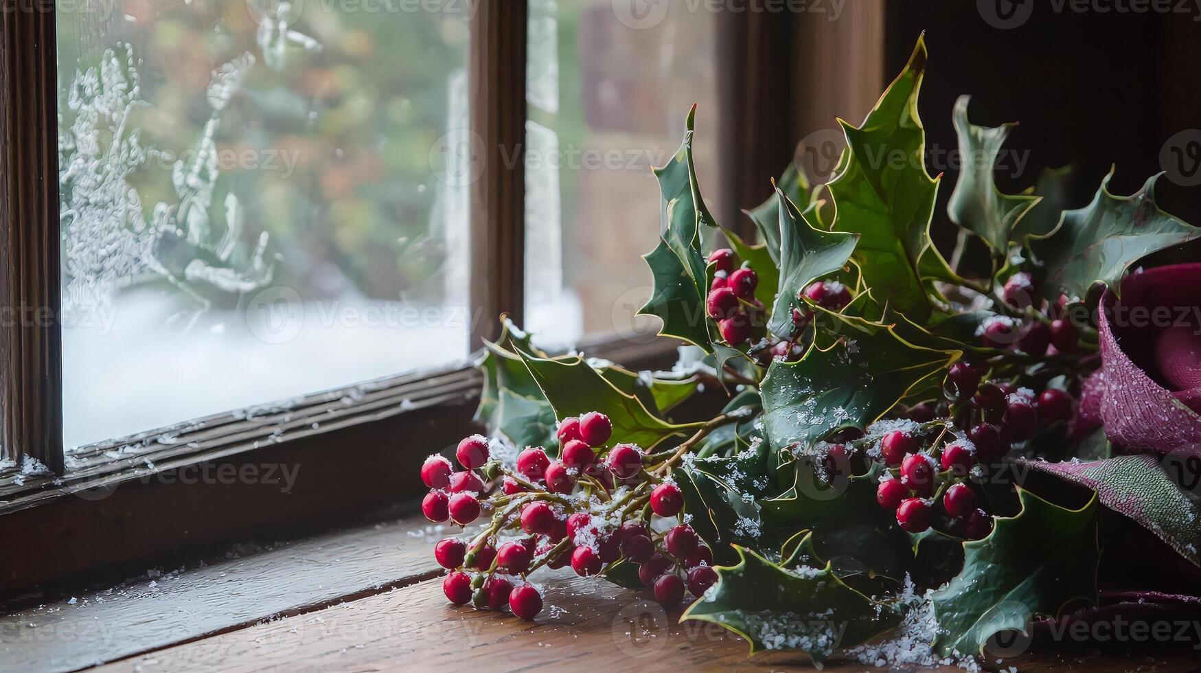 Snow-dusted holly berries and leaves rest on a rustic windowsill, a winter scene. photo