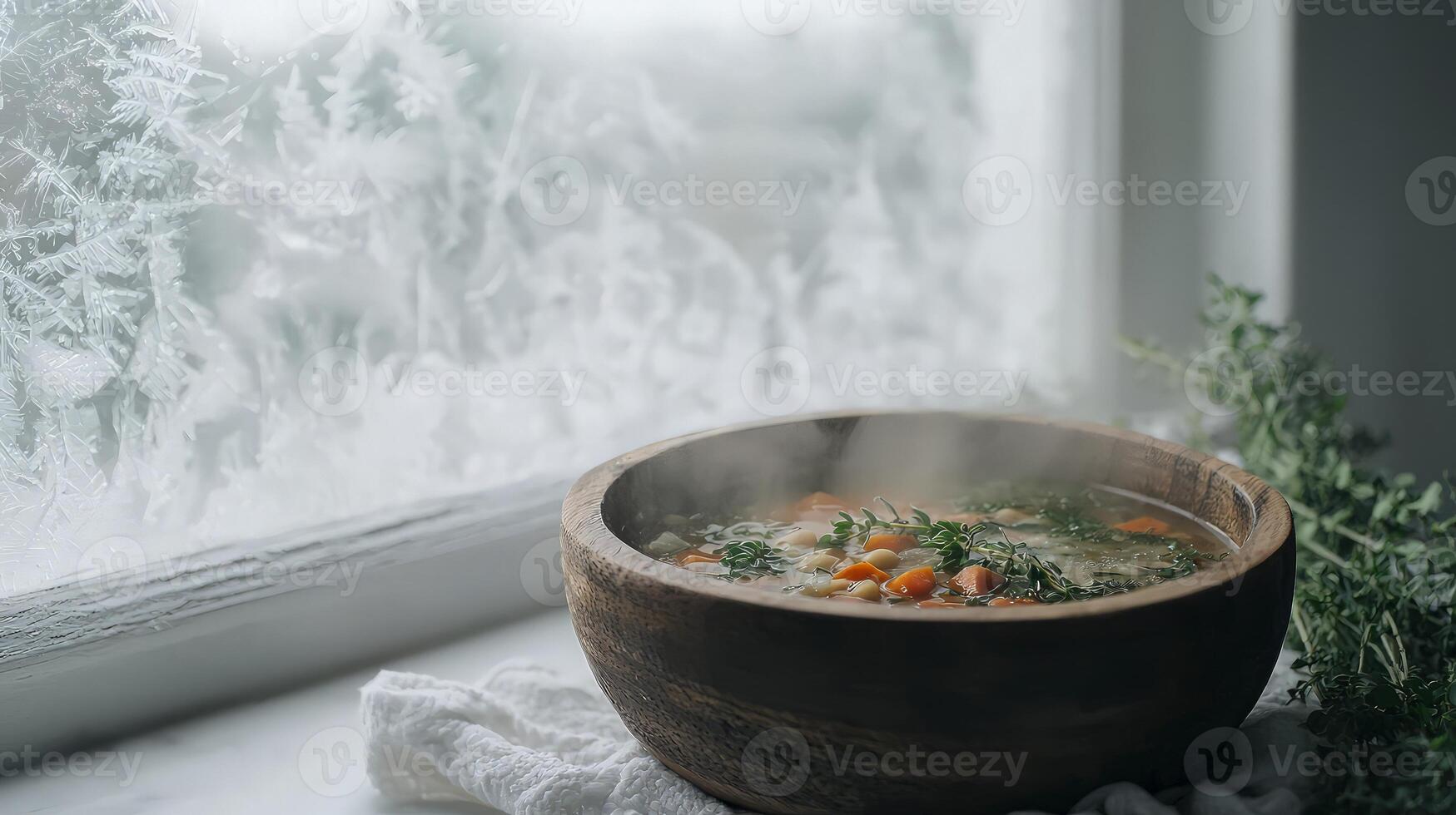 Steaming hot soup in rustic wooden bowl on windowsill, frosty winter scene. photo