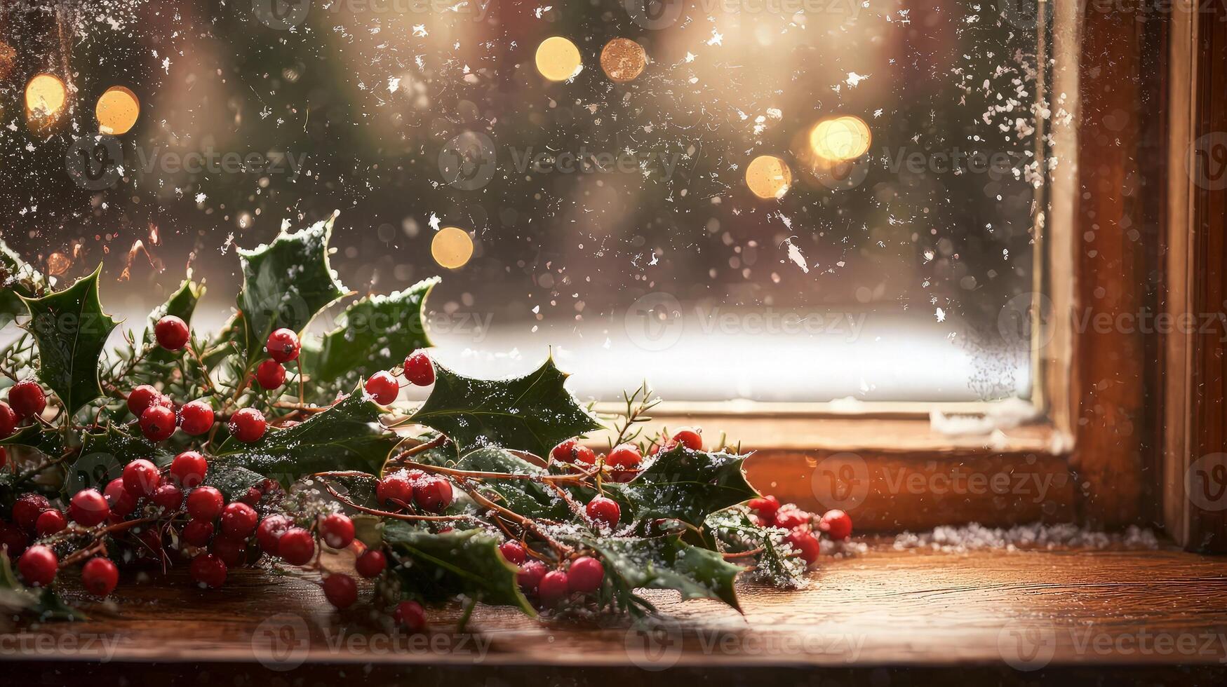 Holly berries and leaves on a snowy windowsill with a blurred festive background. photo