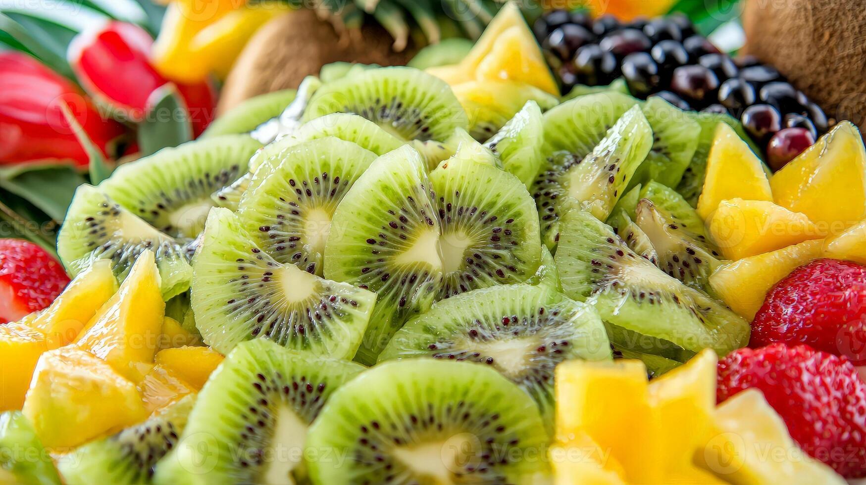 Close-up of a vibrant fruit platter featuring sliced kiwi, mango, strawberries, and blueberries. photo