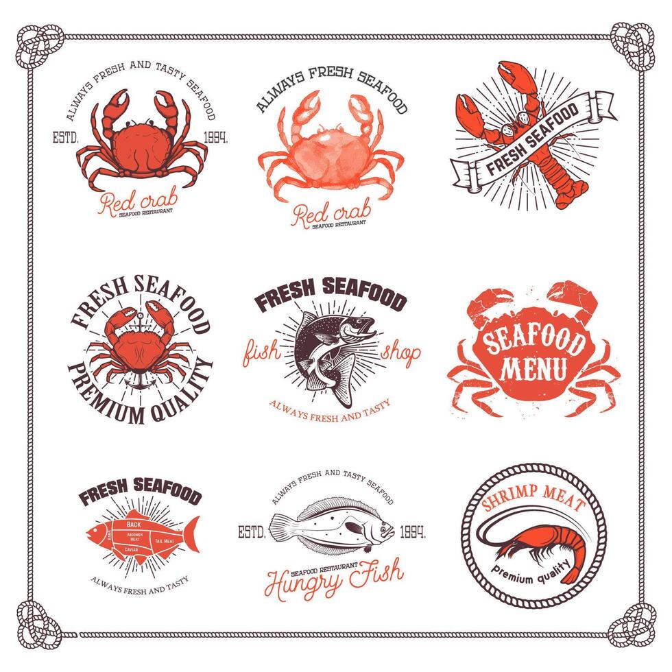 Set of seafood labels isolated on white background. Design element for logo, label, emblem, sign,menu, poster. illustration. vector