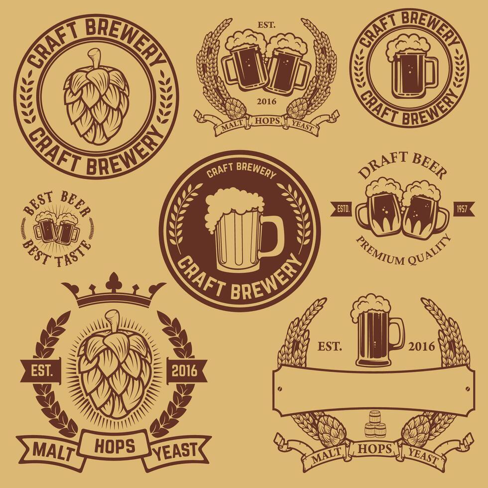 Set of labels templates with beer mug. Beer emblems. Bar. Pub. Design elements for logo, label, emblem, sign, brand mark. illustration. vector